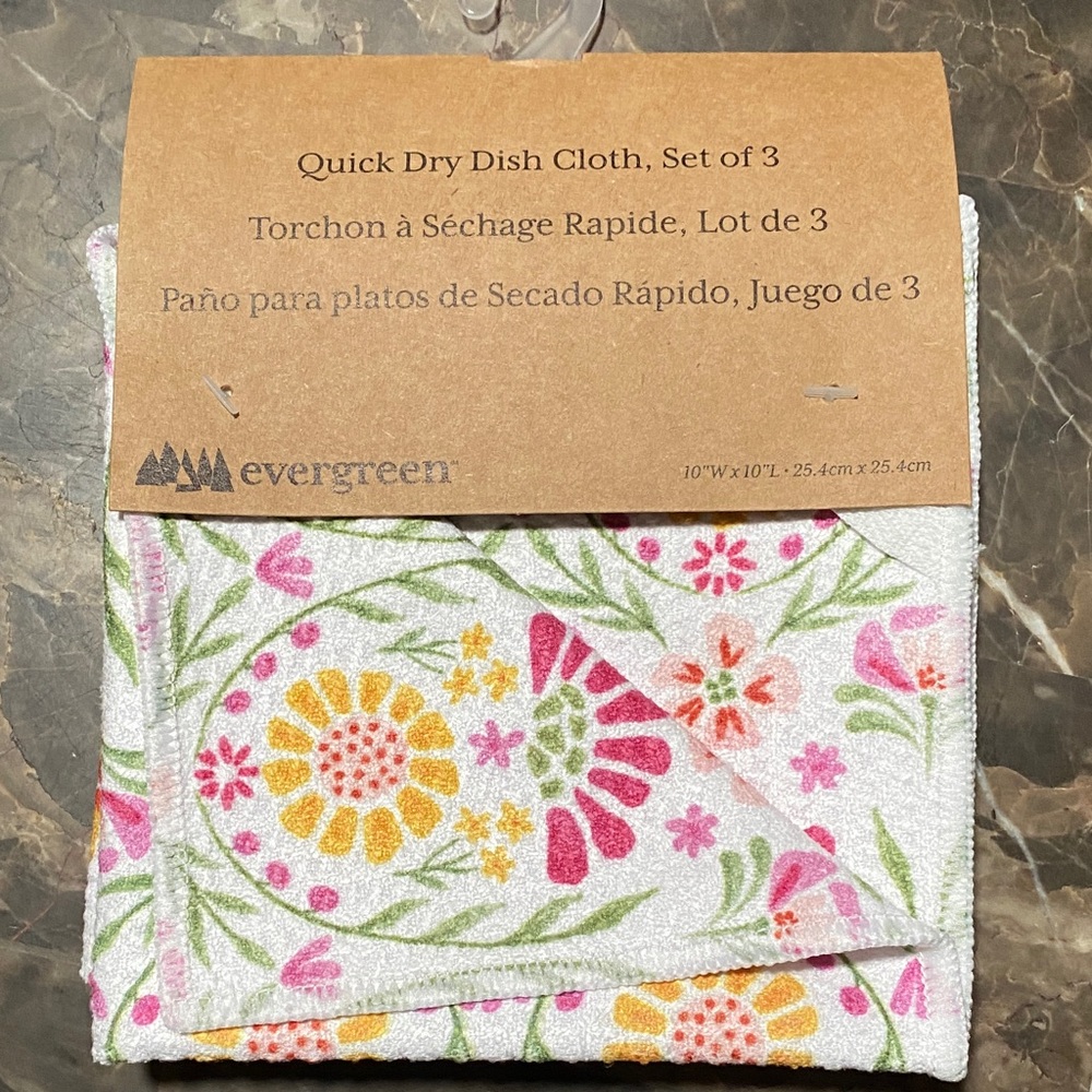 3 Evergreen  Quick Dry Floral Dish Cloths - Pink, Yellow, Green